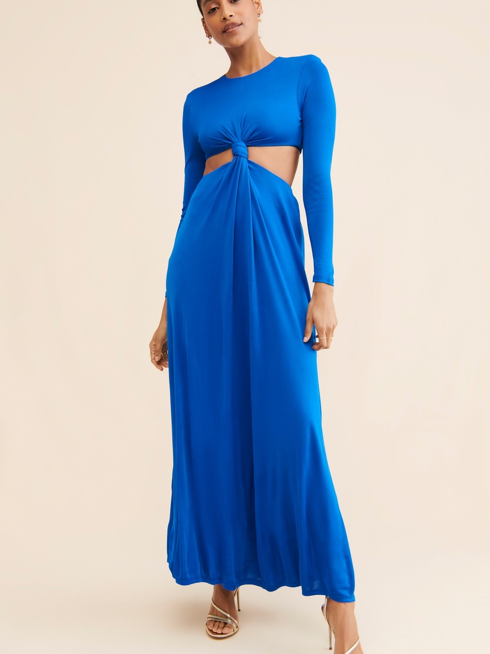 FARM Rio Knotted Cut-Out Maxi Dress in the shade Medium Blue / Cobalt Blue.